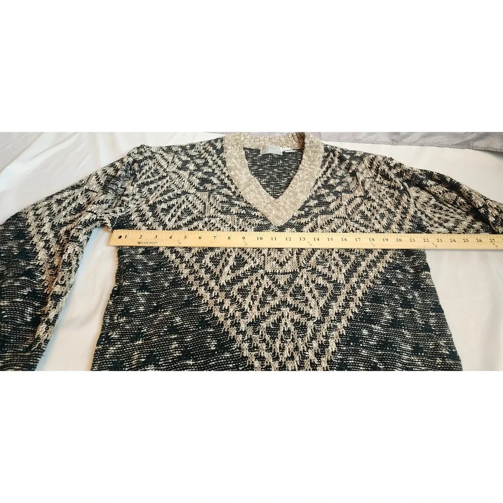 Vintage Mens V-Neck Sweater Large Black Tan Geometric Knit Grandpacore 90s